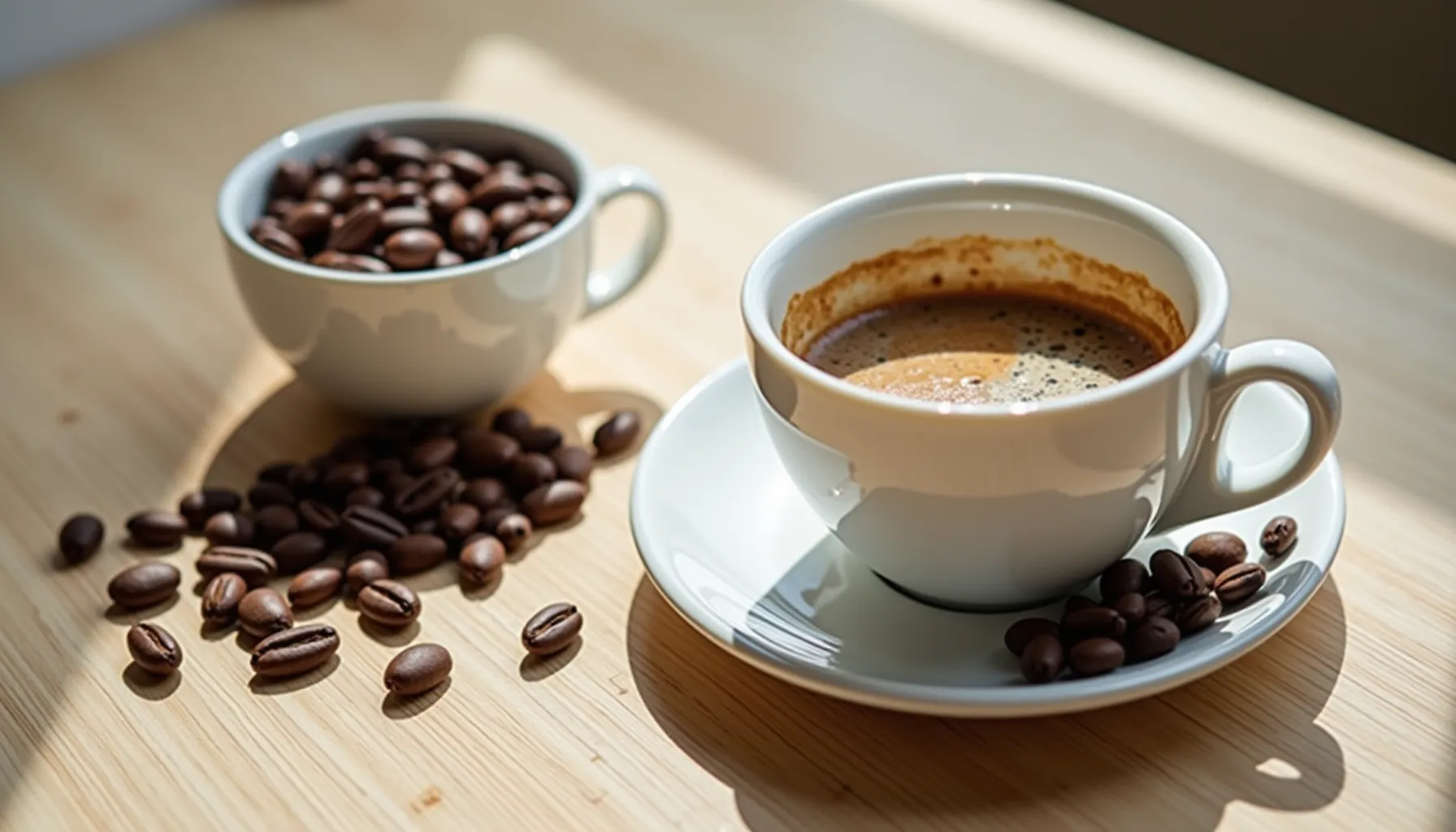 A cup of coffee alongside coffee beans, highlighting ryze coffee reviews.