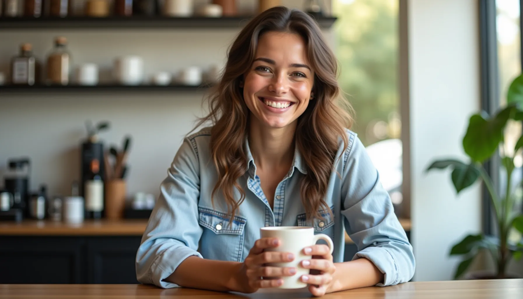 A smiling woman sits at a table holding a cup, enjoying a moment with 10000 coffee.