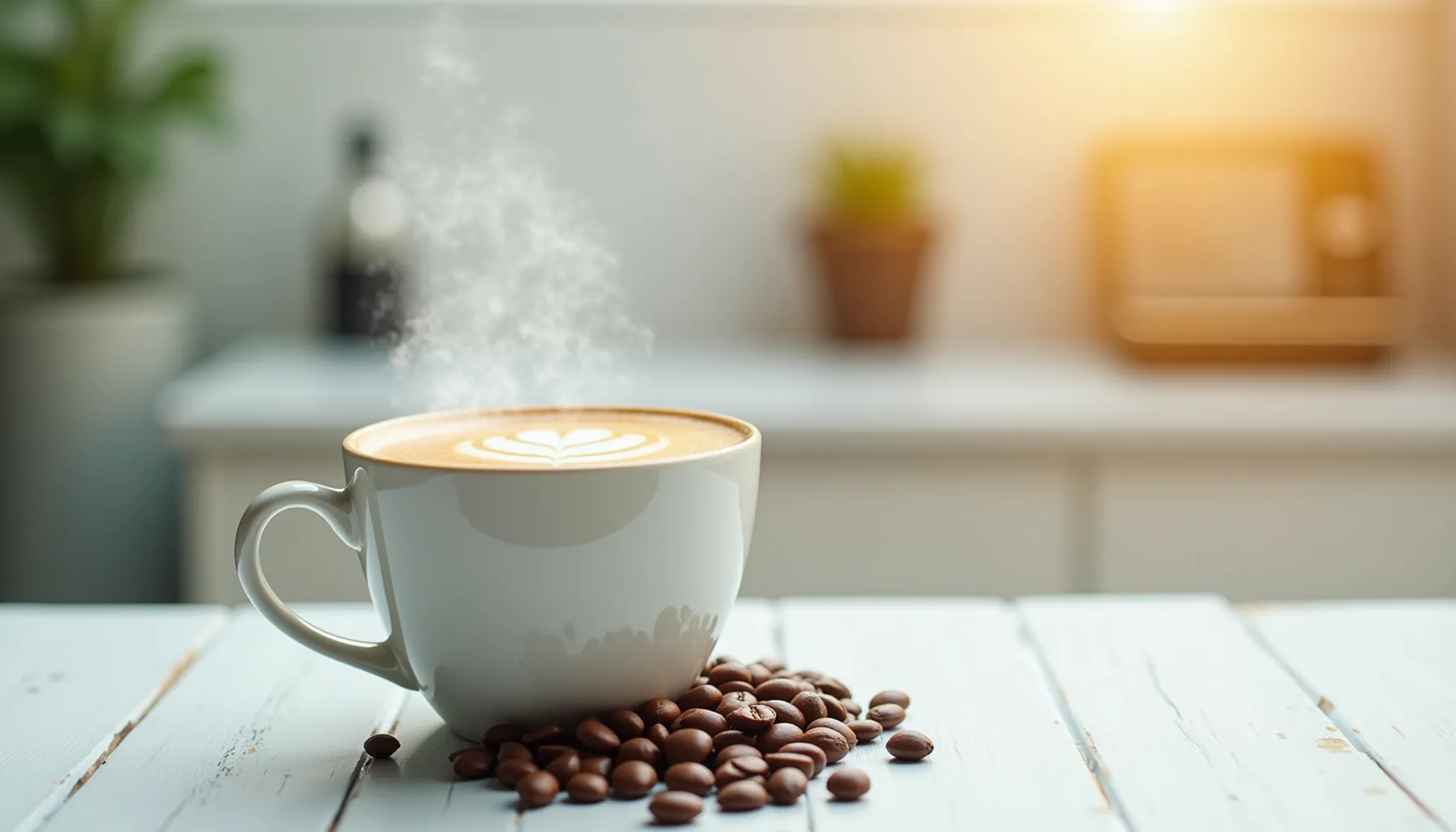 A steaming cup of 321 coffee sits atop coffee beans on a rustic wooden table.