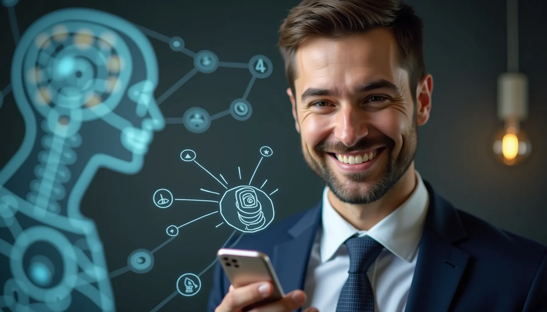 A man smiles while holding a phone, with chatGPT 5 technology graphics in the background.