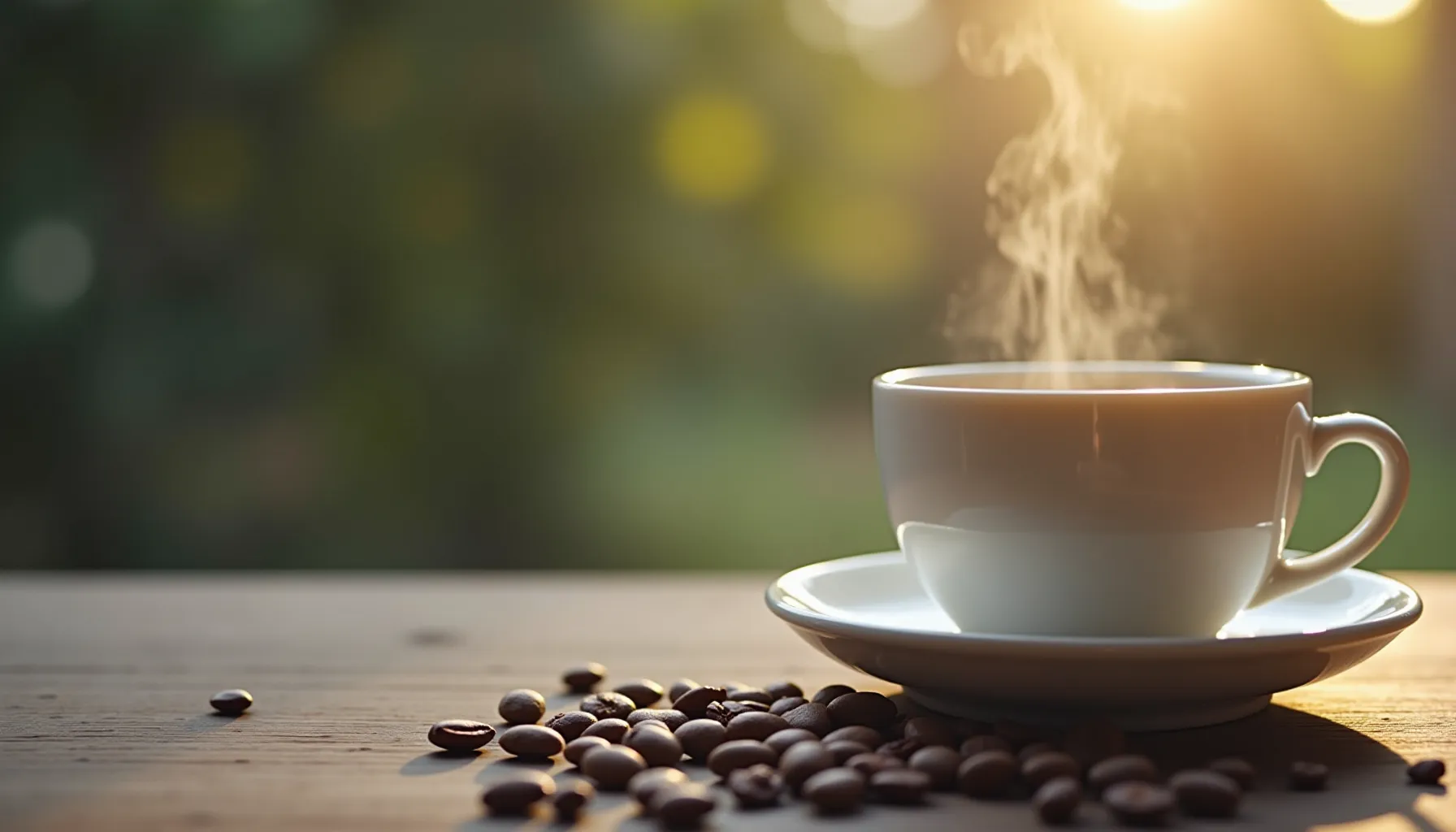 A steaming cup of maca coffee for men sits on a wooden table, surrounded by coffee beans.