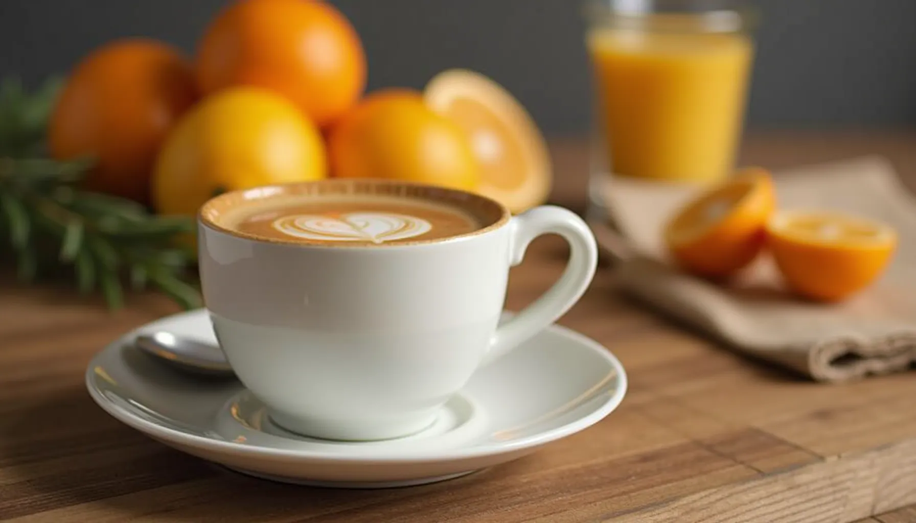 A cup of kumquat coffee sits on a table surrounded by kumquats and oranges in the background.