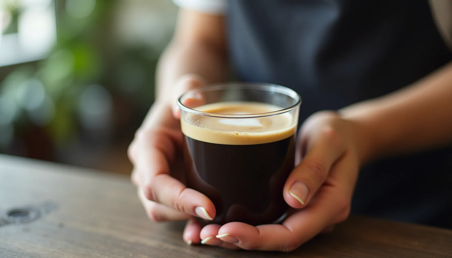 A person holding a glass of coffee by design, showcasing its rich color and crema.