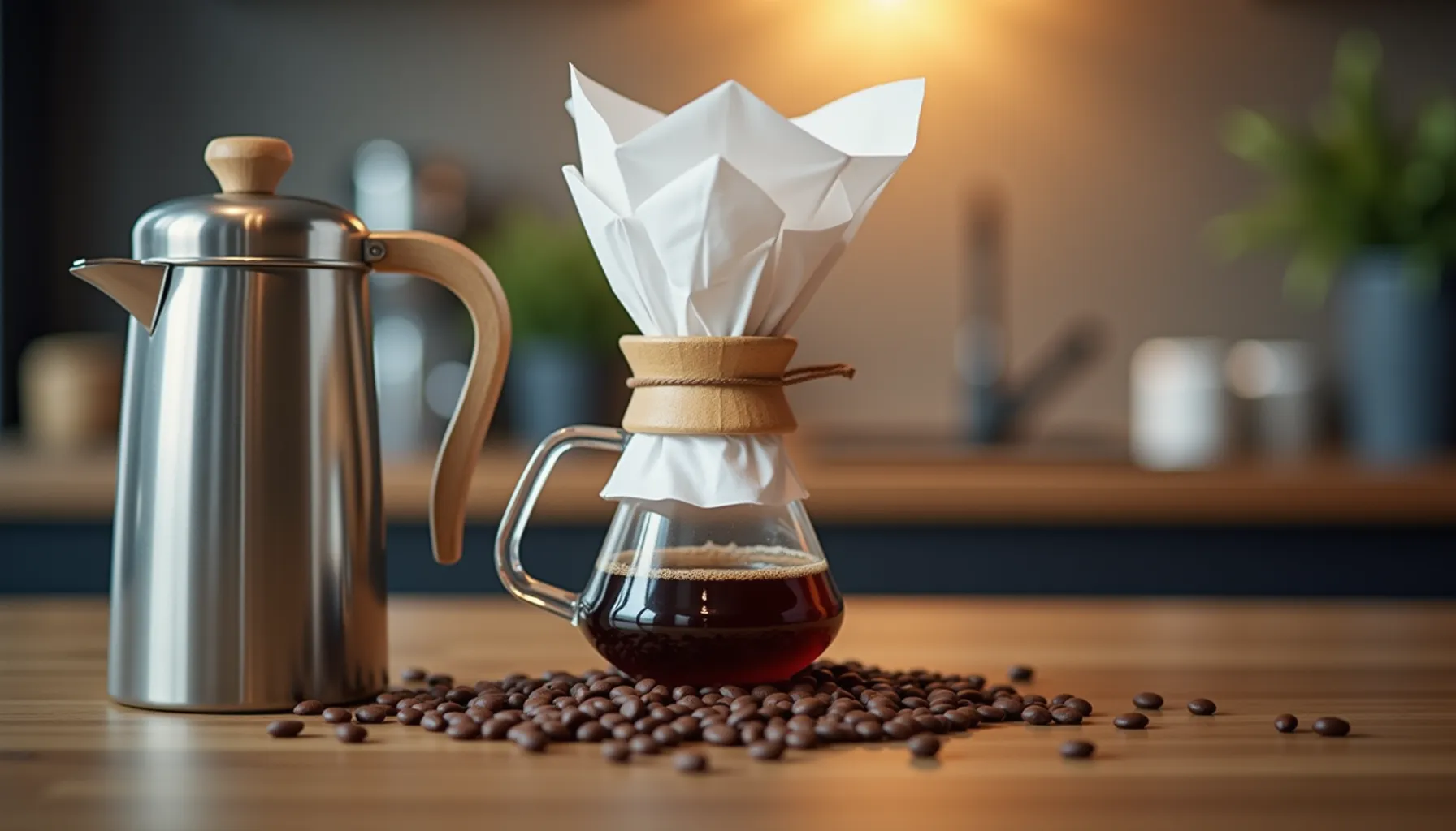 A reusable coffee filter is set atop a glass jug filled with freshly brewed coffee and beans.