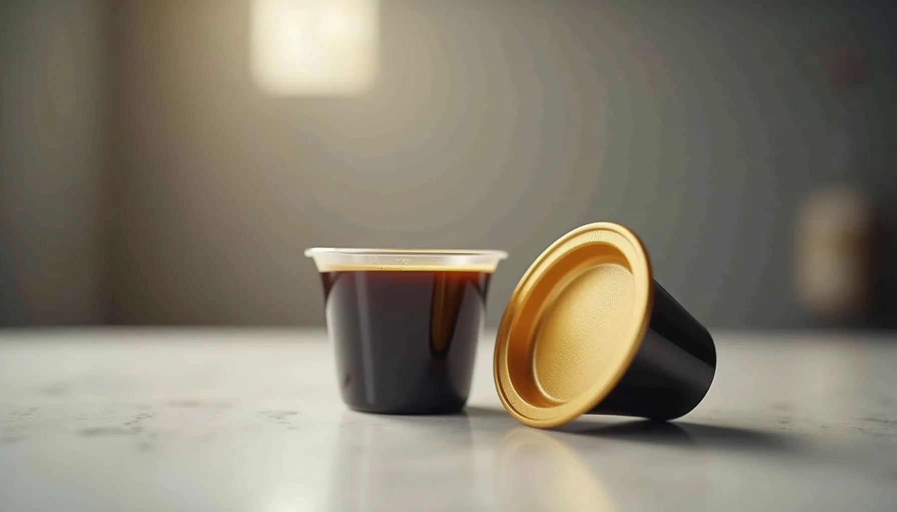 Coffee pods for Keurig sitting on a table, showcasing a rich, dark coffee inside.