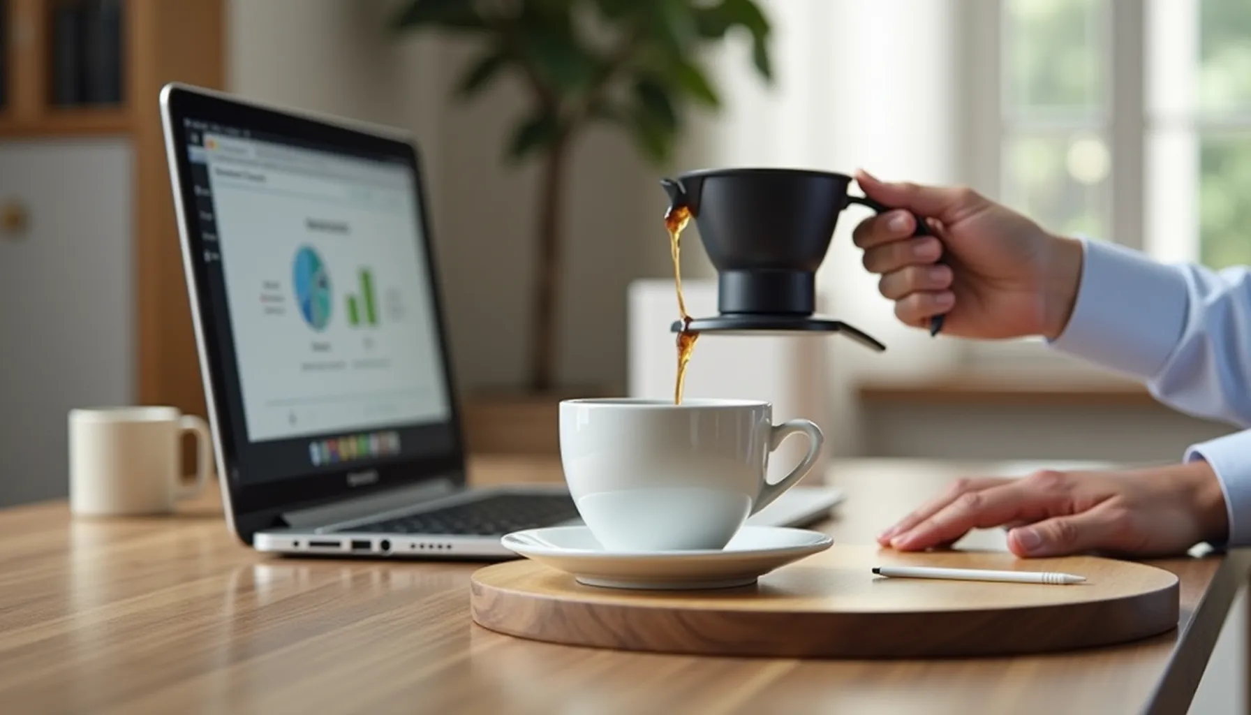 A stylish dewalt coffee maker is pouring coffee into a white cup on a wooden table.