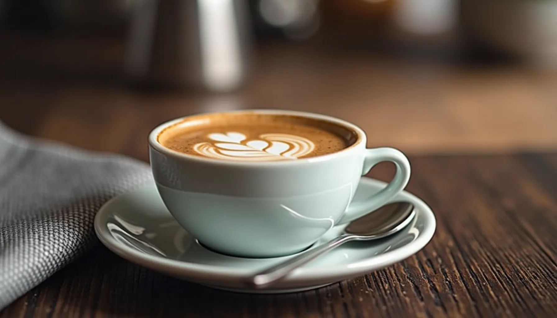 A beautifully crafted latte in a light blue cup made with the Williams Sonoma coffee maker.