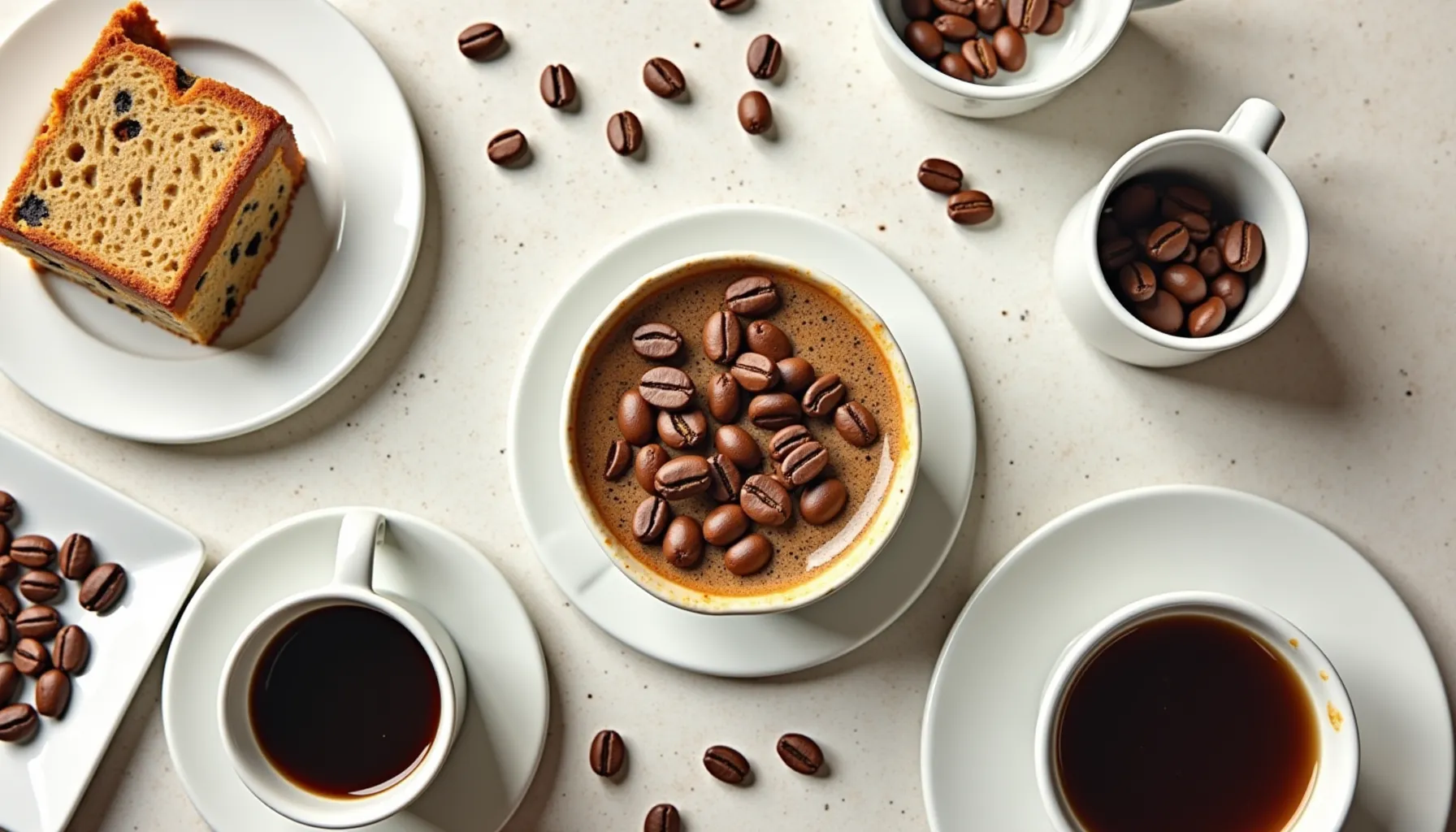 A cozy arrangement featuring bella goose coffee and delicious treats alongside coffee beans on plates.