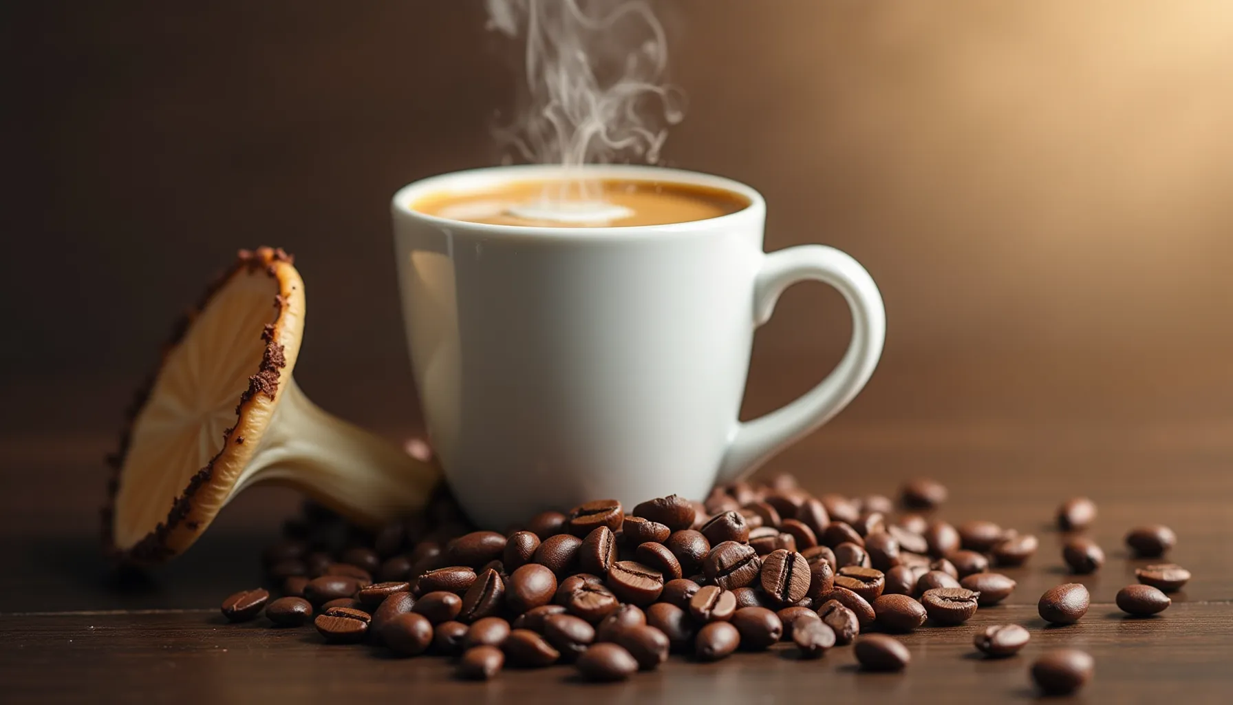 A steaming cup of ryze mushroom coffee sits on a wooden surface, surrounded by coffee beans.