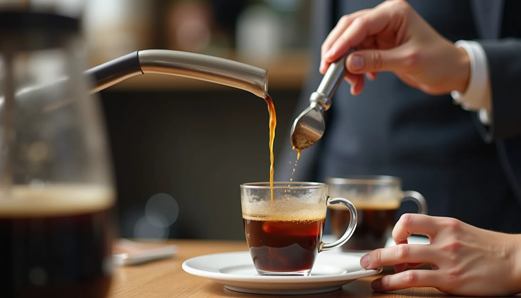 A barista pours don pablo coffee into a clear cup, showcasing its rich color and creamy texture.