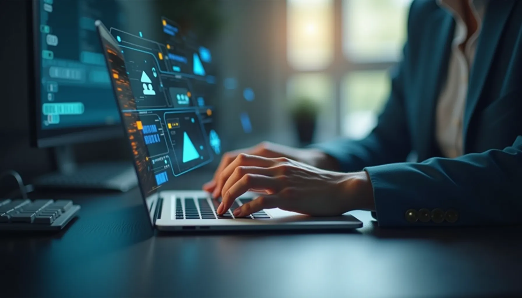 A professional using a laptop with digital interfaces while utilizing a virtual assistant AI.
