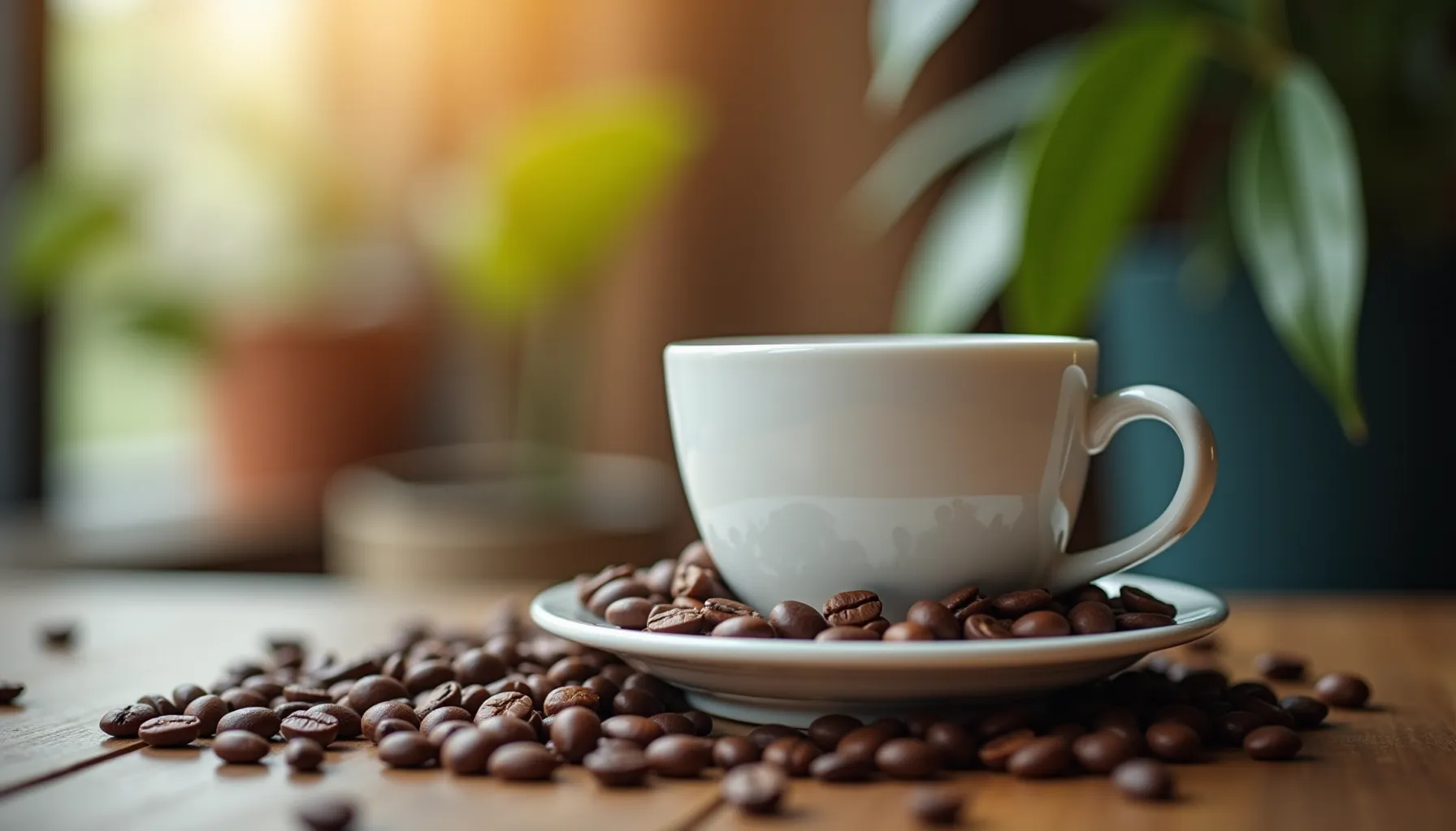 A white cup on a saucer filled with coffee beans, representing greater goods coffee enjoyment.