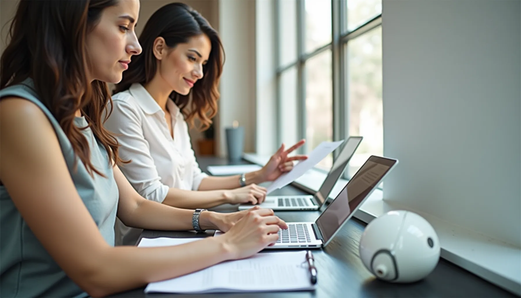 Two women collaborate at a desk, serving as human rewritters with laptops and papers.