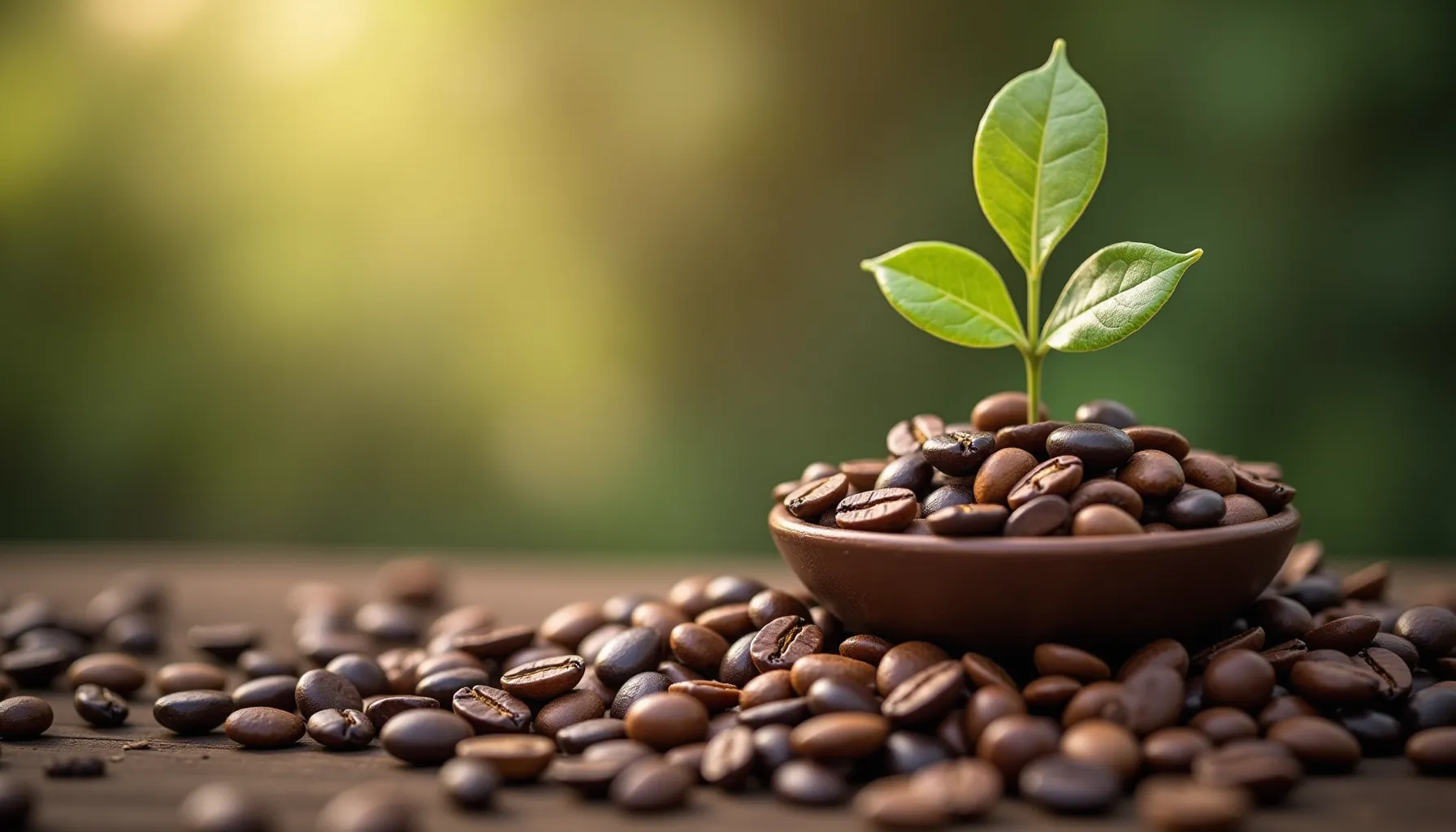 A bowl of coffee beans with a small plant sprouting, symbolizing coffee bean stardew growth.