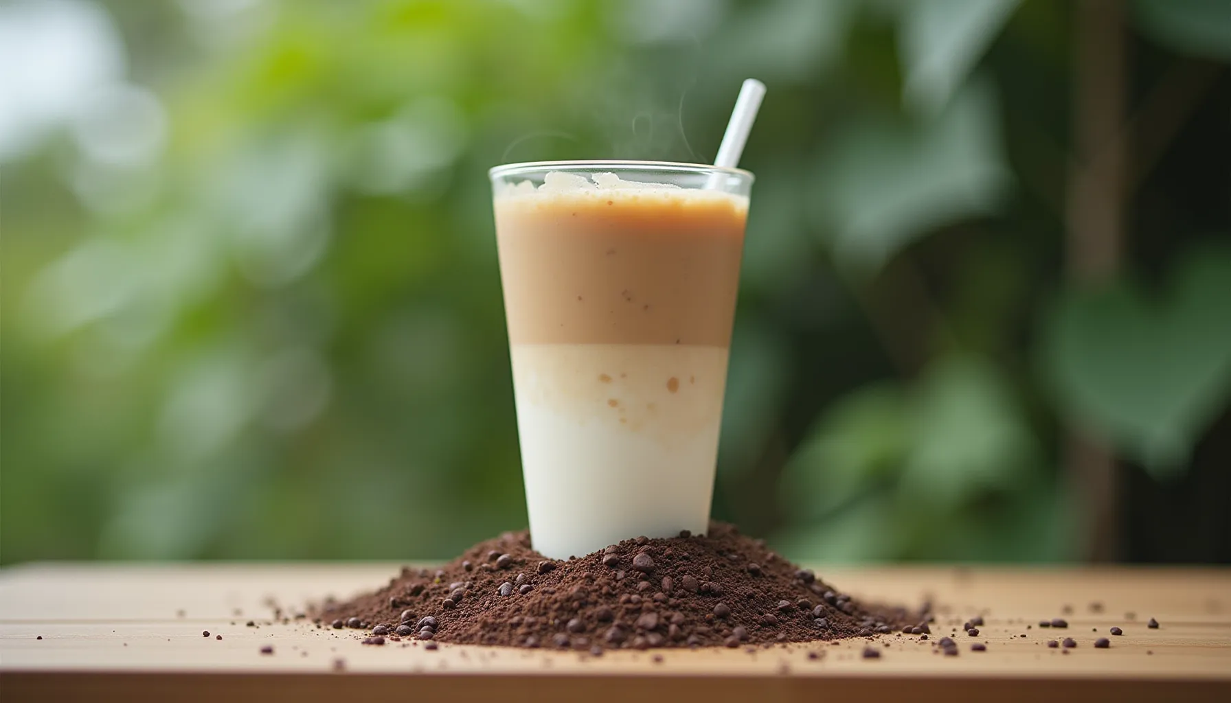 A glass of coffee layered over ground coffee, illustrating how does coffee get to the United States.