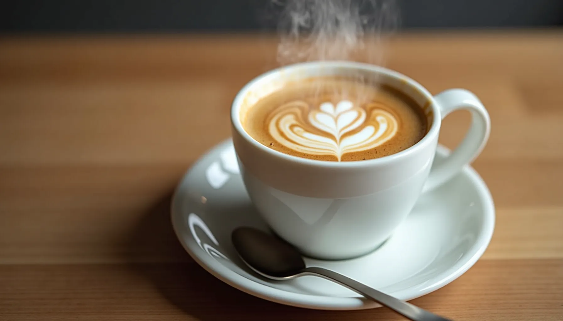 A steaming cup of monster coffee with intricate latte art sits on a wooden table.