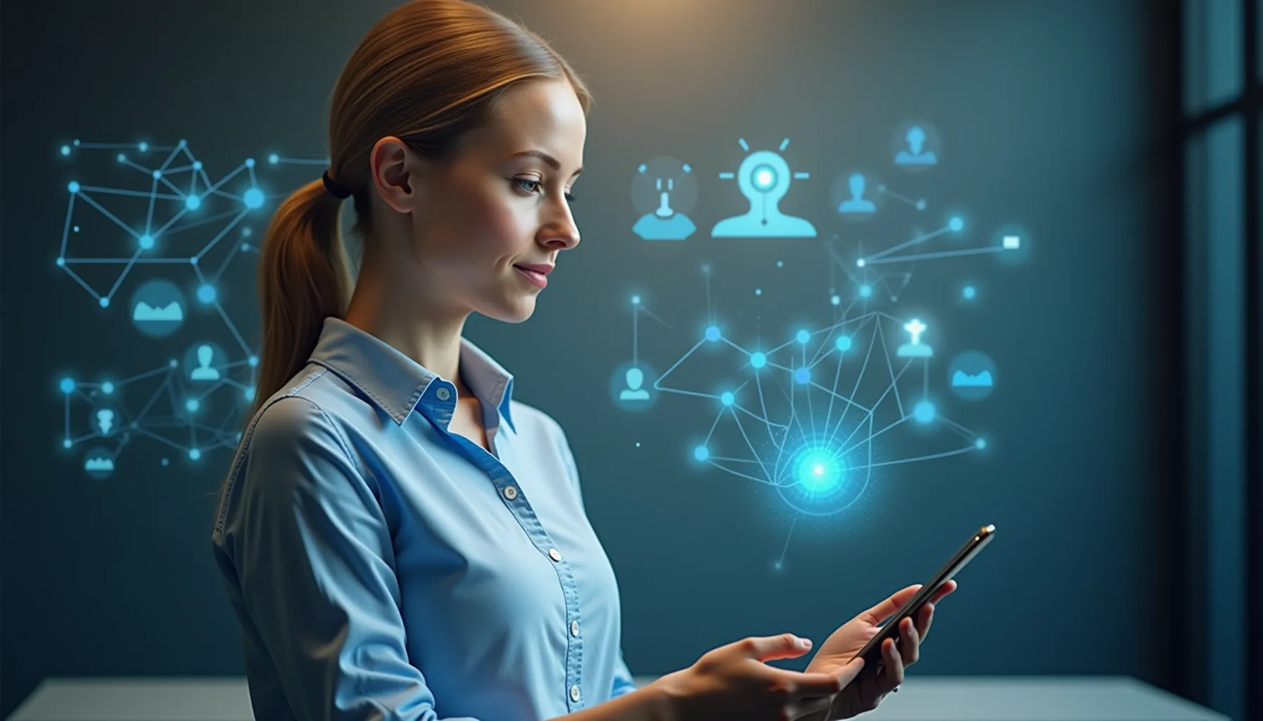 A woman analyzes AI predictions 2025 on her smartphone, surrounded by digital icons and connections.