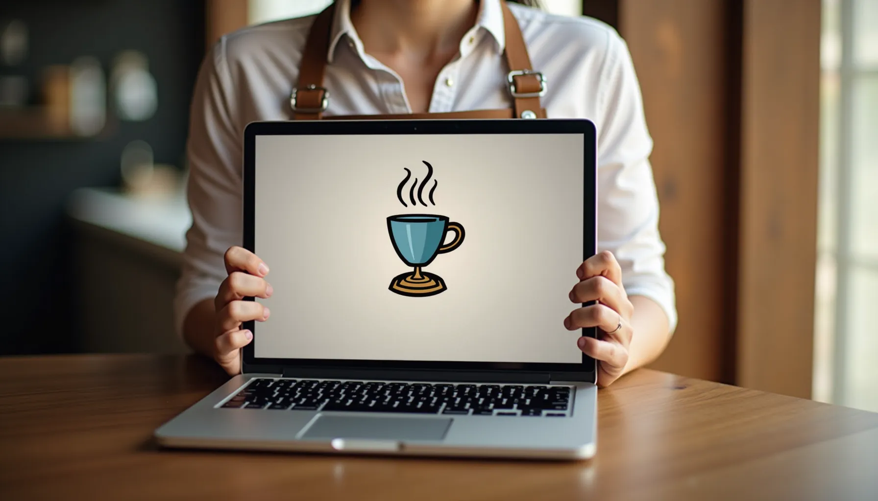 A person holds a laptop displaying a steaming coffee cup, promoting klatch coffee.