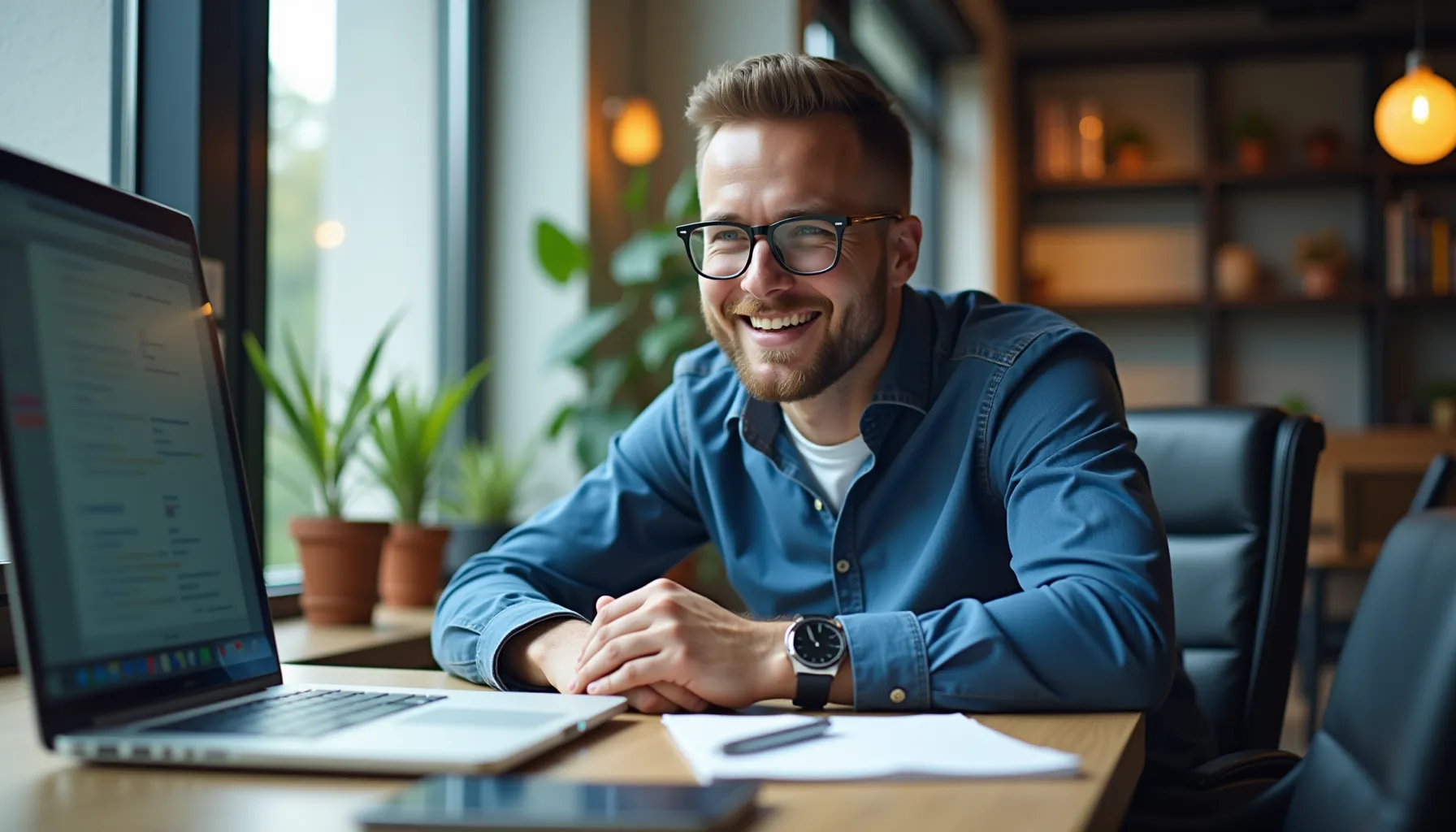 A smiling man sitting at a desk explores content marketing machine learning on his laptop.