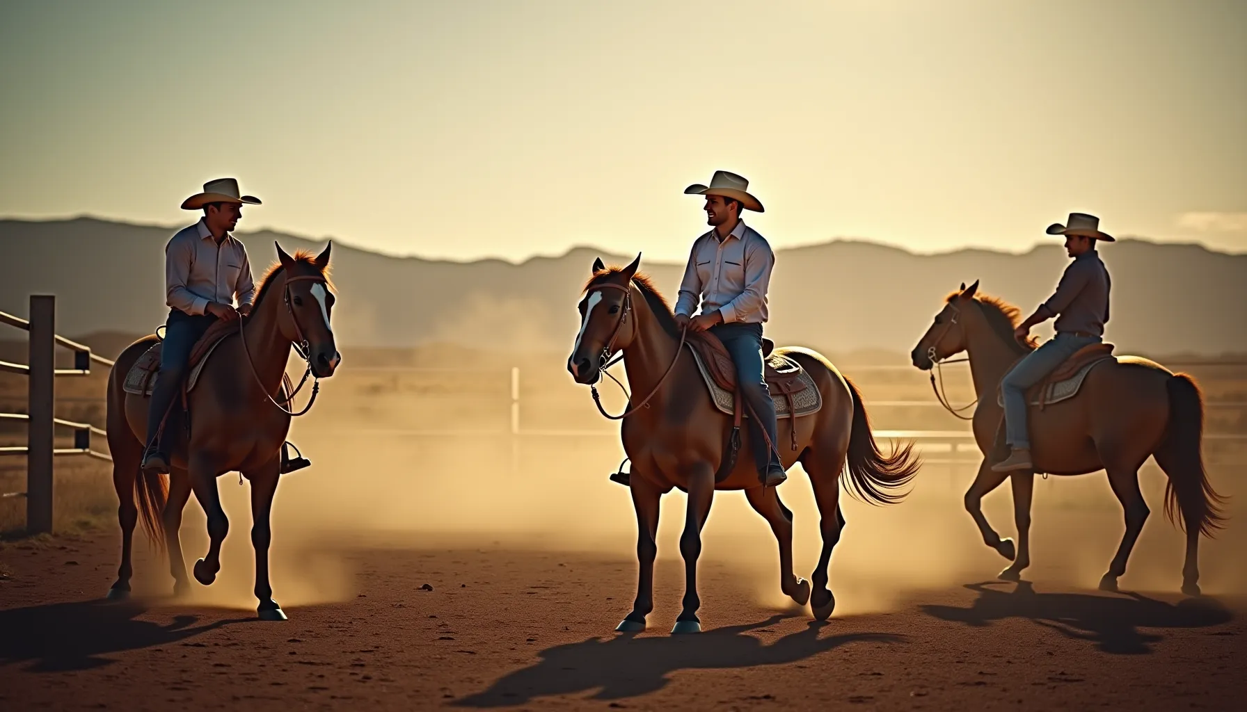 A serene morning scene featuring riders on horseback, highlighting the charm of leon coffee.