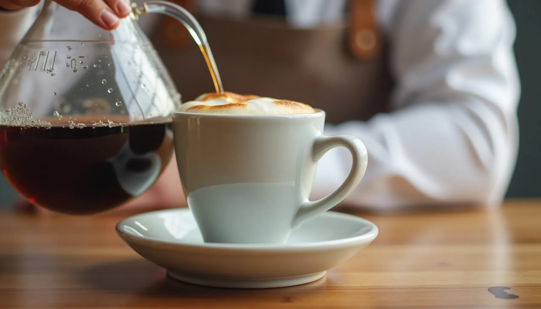 A barista pours coffee from a glass pitcher into a white cup using a Gevalia coffee maker setup.