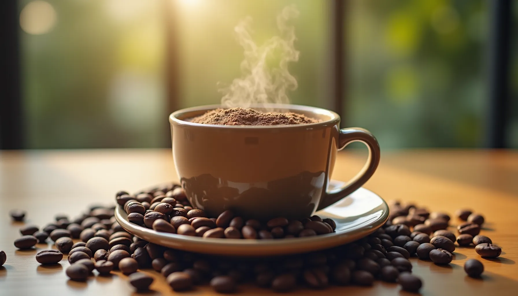 A steaming cup of greater goods coffee sits atop a saucer surrounded by coffee beans.