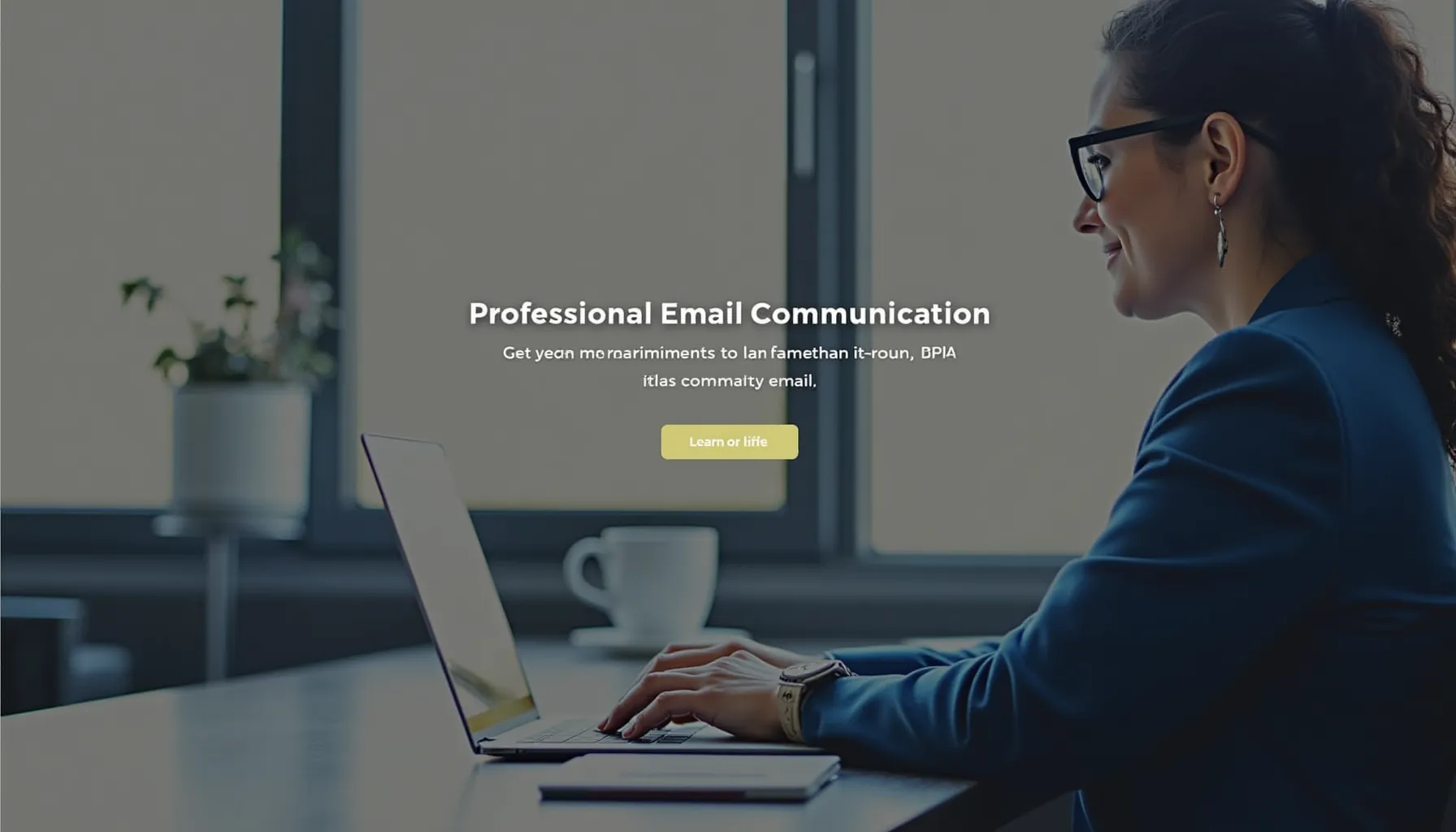 A professional woman types on a laptop, focused on how to rewrite email professionally.