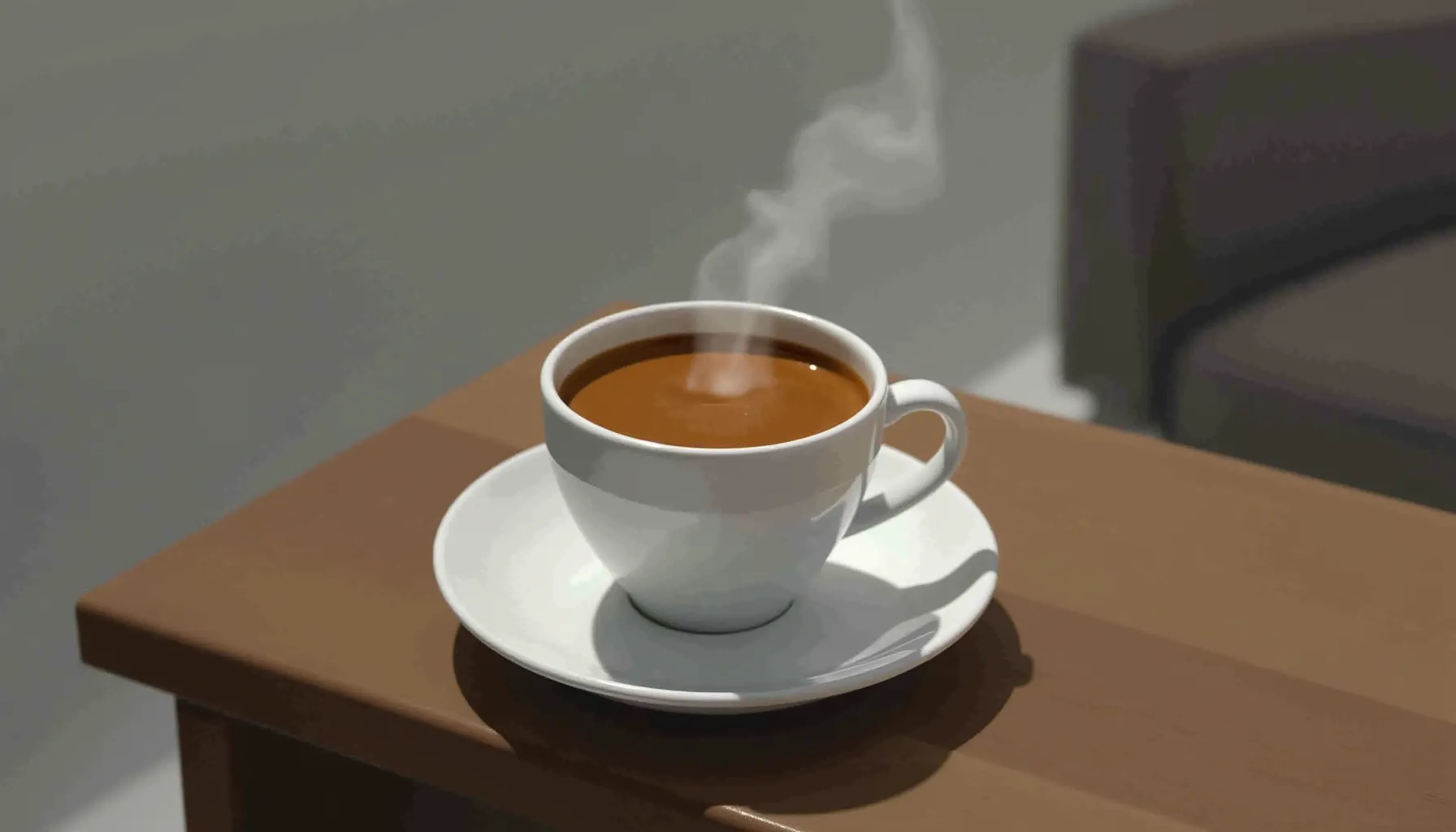 A steaming stanley coffee cup filled with rich brown coffee sits on a white saucer.