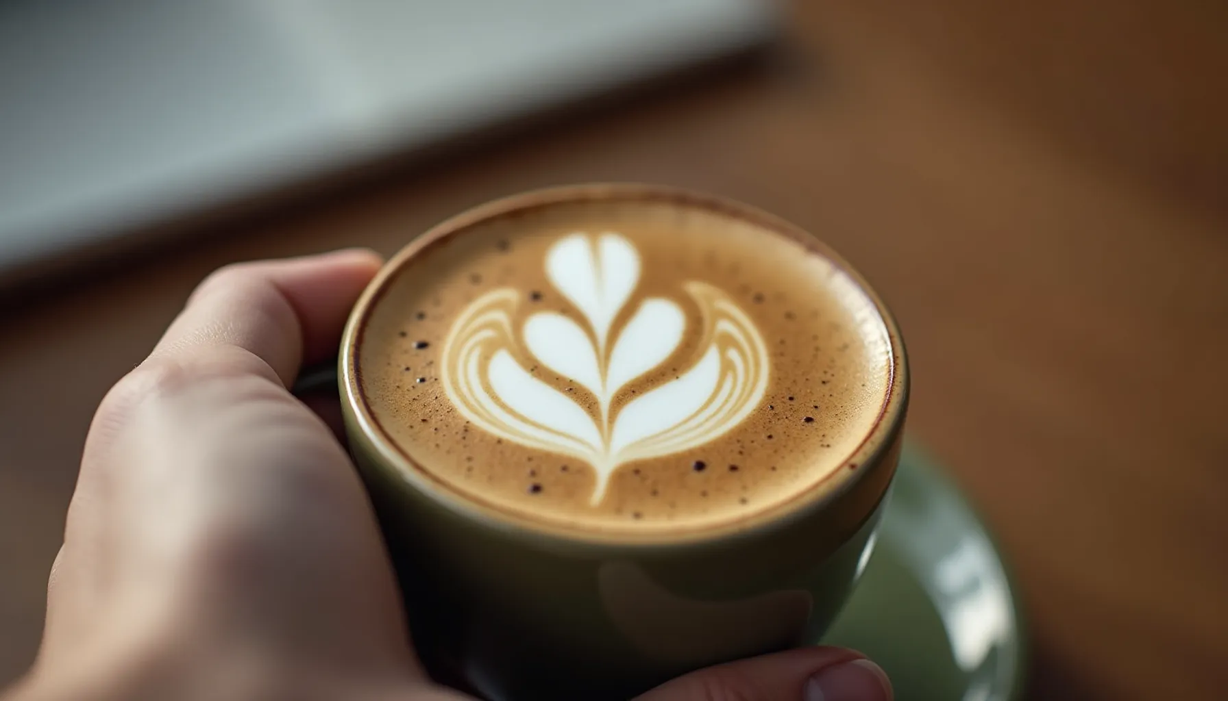 A hand holds a cup of airship coffee featuring beautiful latte art on top of the creamy surface.