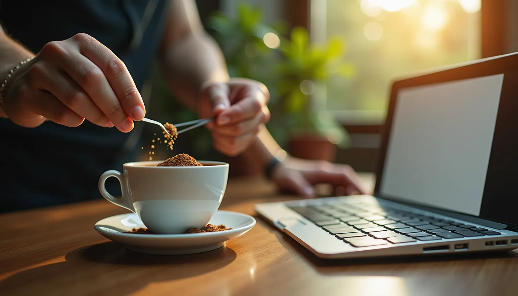 A person adds sugar to a coffee cup while working at a laptop, embodying the ministry of coffee.