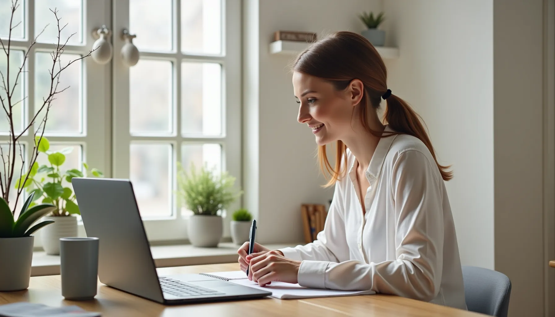 A woman works at her laptop, engaging with an ai rewrite article on her desk while smiling.